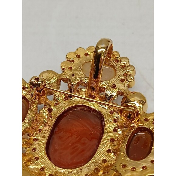 Butterscotch Amber Cream Lucite Cabochon Multicolor Rhinestone Brooch Pendant - Picture 3 of 8